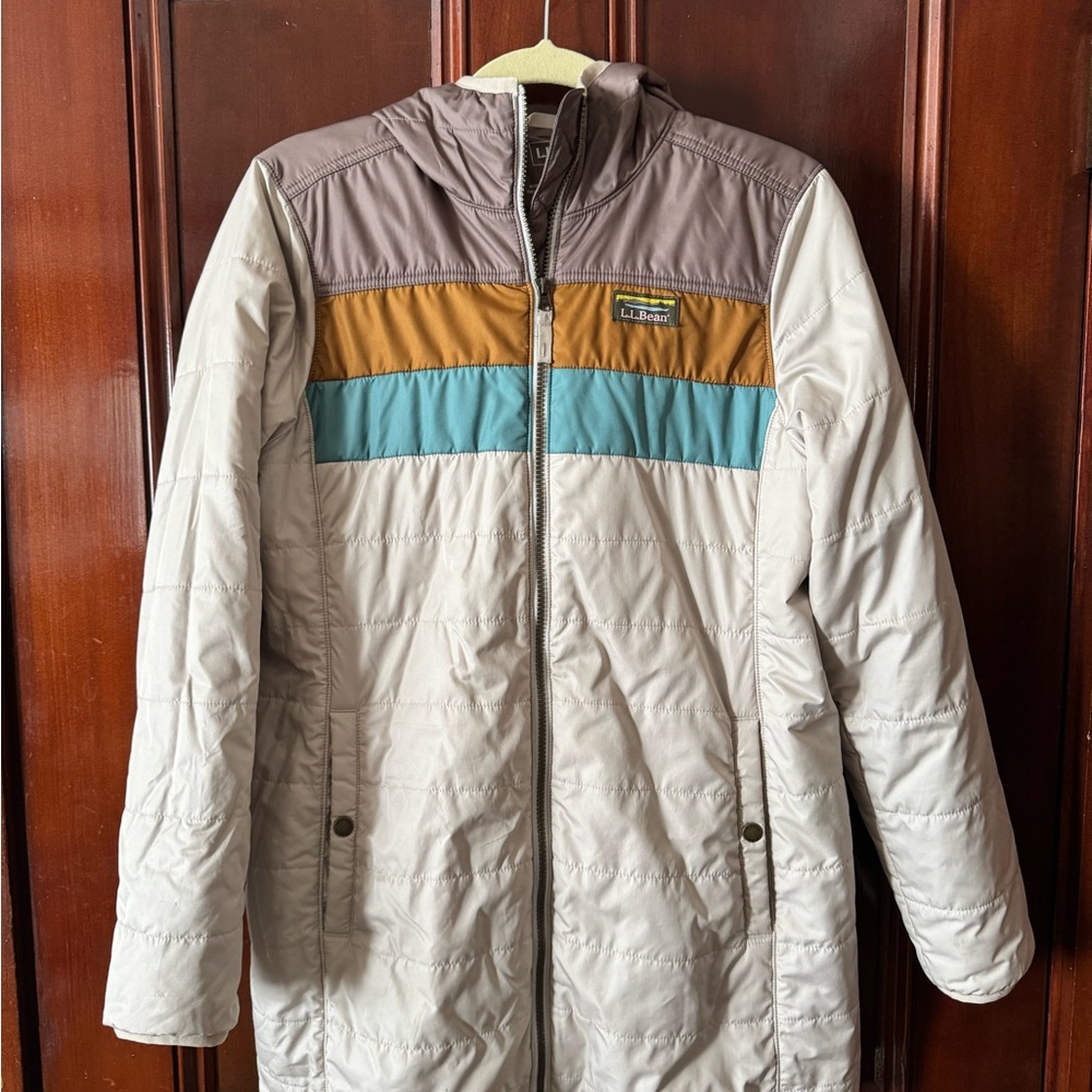 L.L. Bean Cream and Brown color block Puffer Jacket